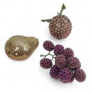 3 Piece Vintage Push Pin Beaded Sequin Fruit Pear Grapes Peach Mid Century MCM